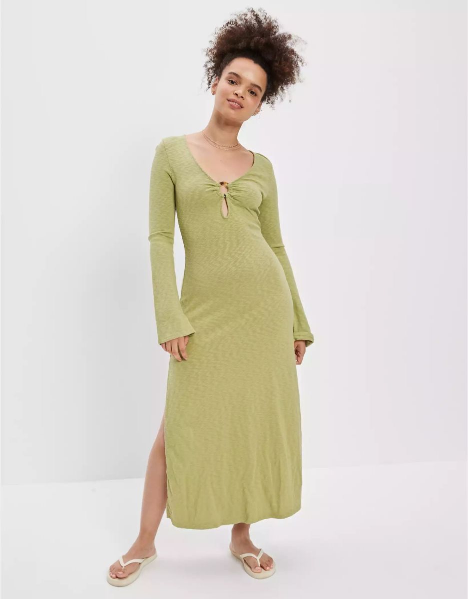 Robe Mi-longue American Eagle AE Knit Bell Sleeve Vert Femme | FFI-00802543